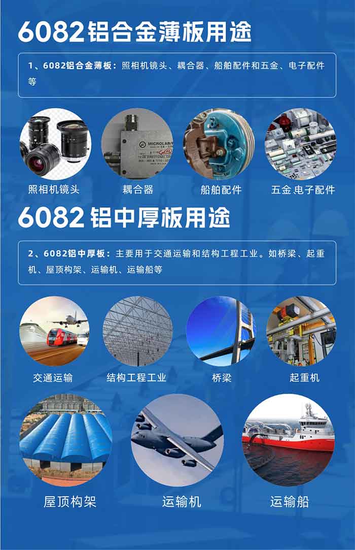 6082铝板机能优势：

1、拥有较好的耐蚀性，可机械加工、可焊接、且成型机能优越；

2、拥有中等强度，在退火后仍能维持较好的操作性；

3、拥有较好的阳极反映机能，常用的阳极反映步骤蕴含去除杂质和染色、涂层等；

4、易于抛光、上色膜、氧化成效极佳；

5、强度高、高韧性，可使用机能好，接口特点优越。
