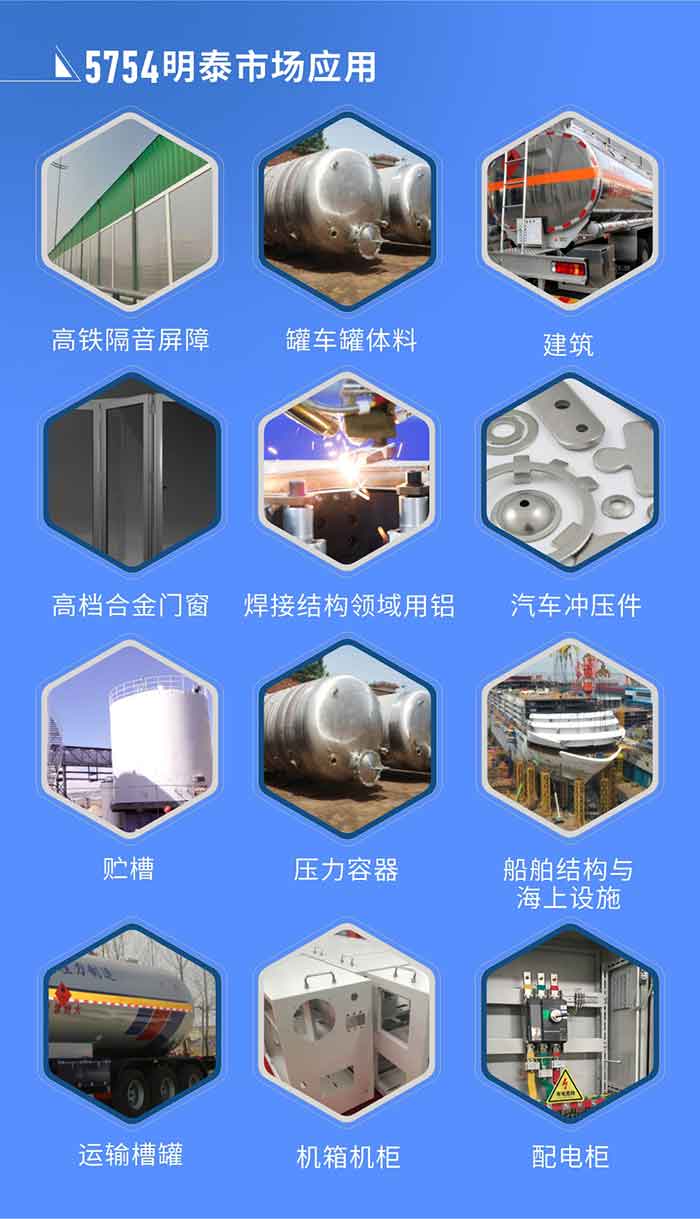 市场利用

　　5754铝板利用于：高铁隔音樊篱、罐车罐体料、高档合金门窗、构筑、焊接结构领域用铝、汽车冲压件、贮槽、压力容器、船舶结构与海上设施、运输槽罐、机箱机柜、配电柜、电池箱盖板、隔音樊篱、铁路客车内表壁板、底板、车厢板等。

　　MG不朽情缘5754铝板厂家，供给5754中厚铝板、5754汽车铝板、5754斑纹铝板、5754超宽铝板等分歧规格、分歧型号产品。

　　MG不朽情缘供给1-8系合金板带铝箔产品，产能大，可定造出产，全球销售，交货期2-25天。
