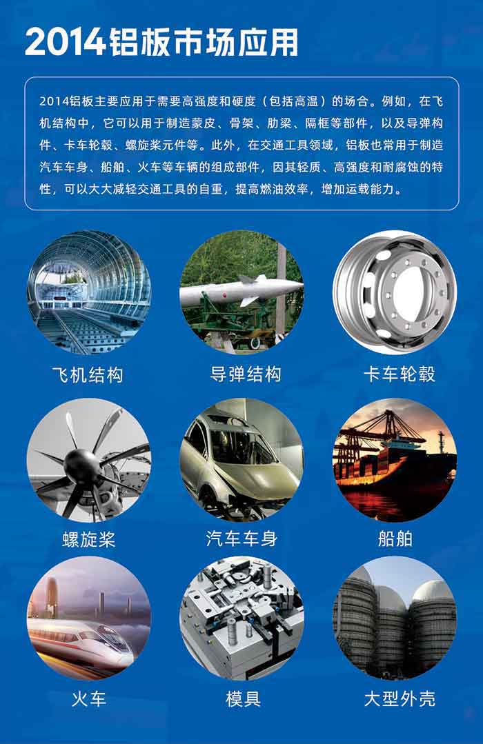 2014铝板用处:
2014铝板重要利用于必要高强度和硬度（蕴含高温）的场所。例如，在飞机结构中，它能够用于造作蒙皮、骨架、肋梁、隔框等部件，以及导弹构件、卡车轮毂、螺旋桨元件等。此表，在交通工具领域，铝板也常用于造作汽车车身、船舶、火车等车辆的组成部件，因其轻质、高强度和耐侵蚀的个性，能够大大减轻交通工具的自沉，提高燃油效能，增长运载能力。

