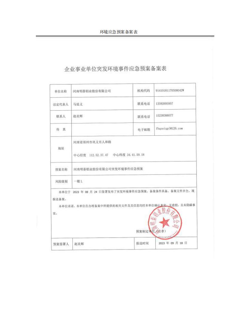 环境应急预案登记表